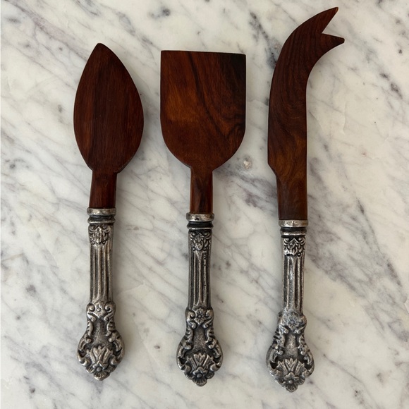 Anthropologie Cheese Knife Set 3 hardwood silver handle knives - Picture 3 of 7